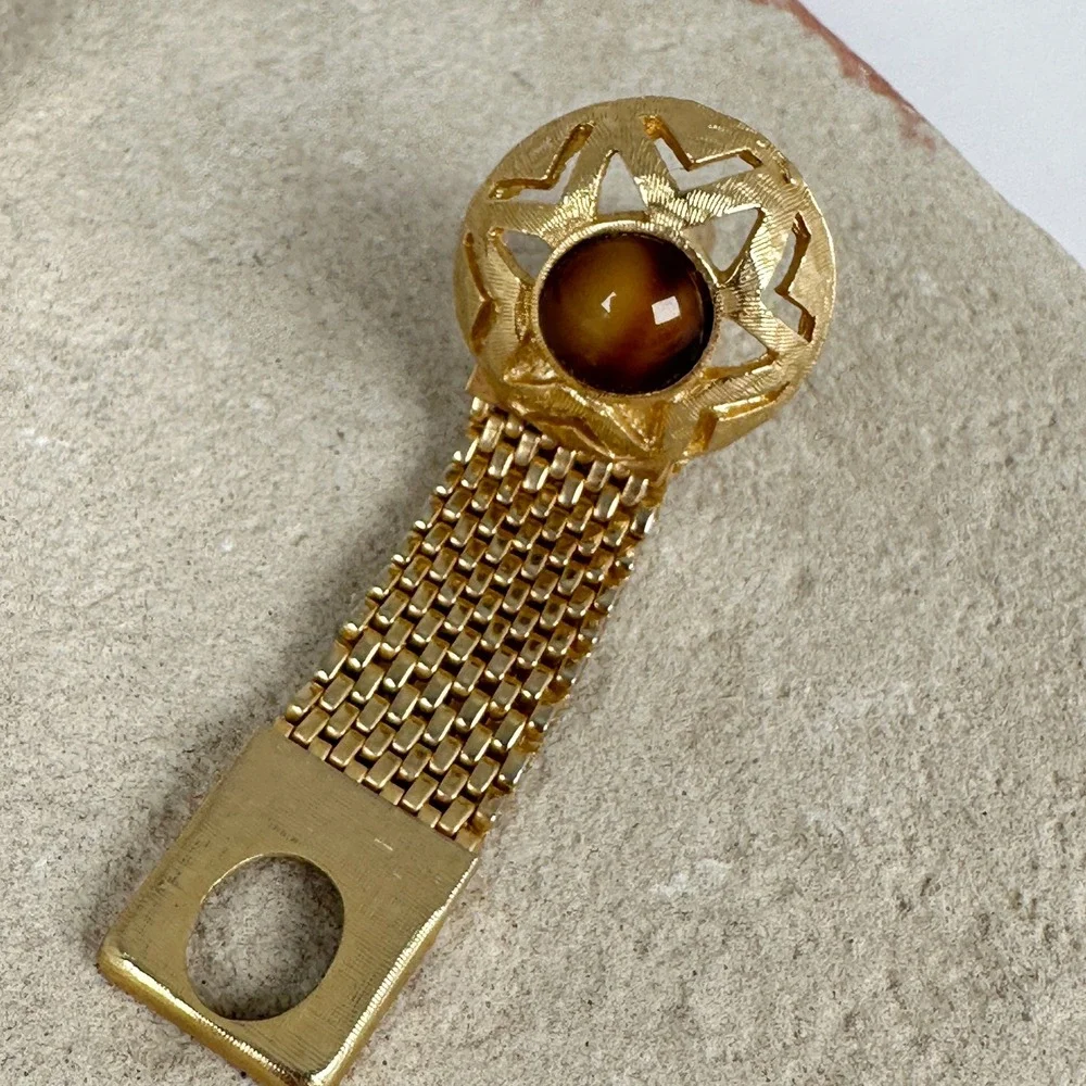 Vintage Gold Tone Mesh Cufflinks Tiger's Eye‎ Cabochon Starburst 1960s-70s Retro